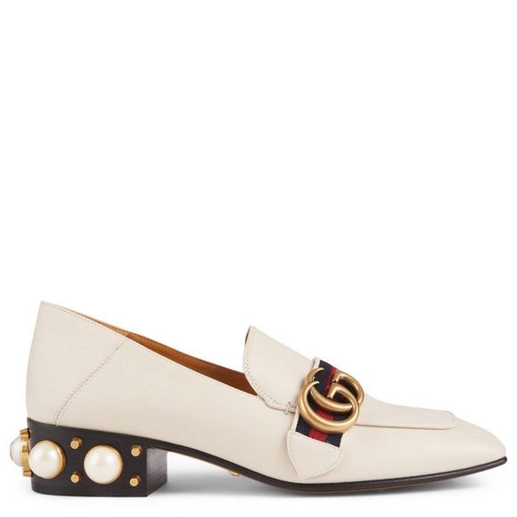 GUCCI Peyton Leather Pearl Heels Marmont GG Shoes Loafers Designer Gold Hardware - Picture 4 of 17